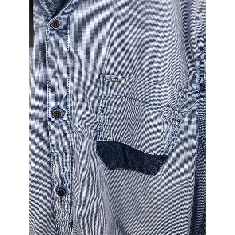 Buffalo David Bitton Mens L Blue Tiny Checks Denim Accents LS Slim Fit - Picture 2 of 9